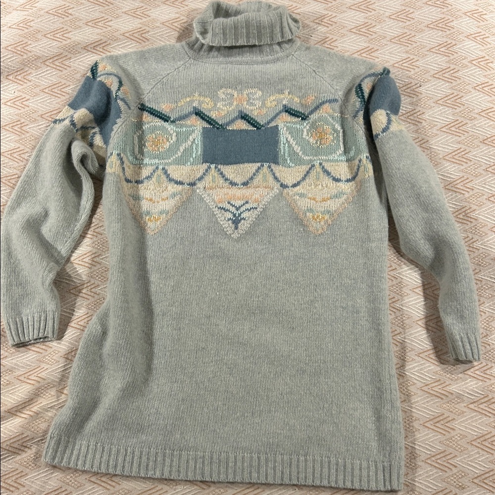 Punto Fashion Blue and Cream Wool Angora Knit Turtleneck Long Sweater